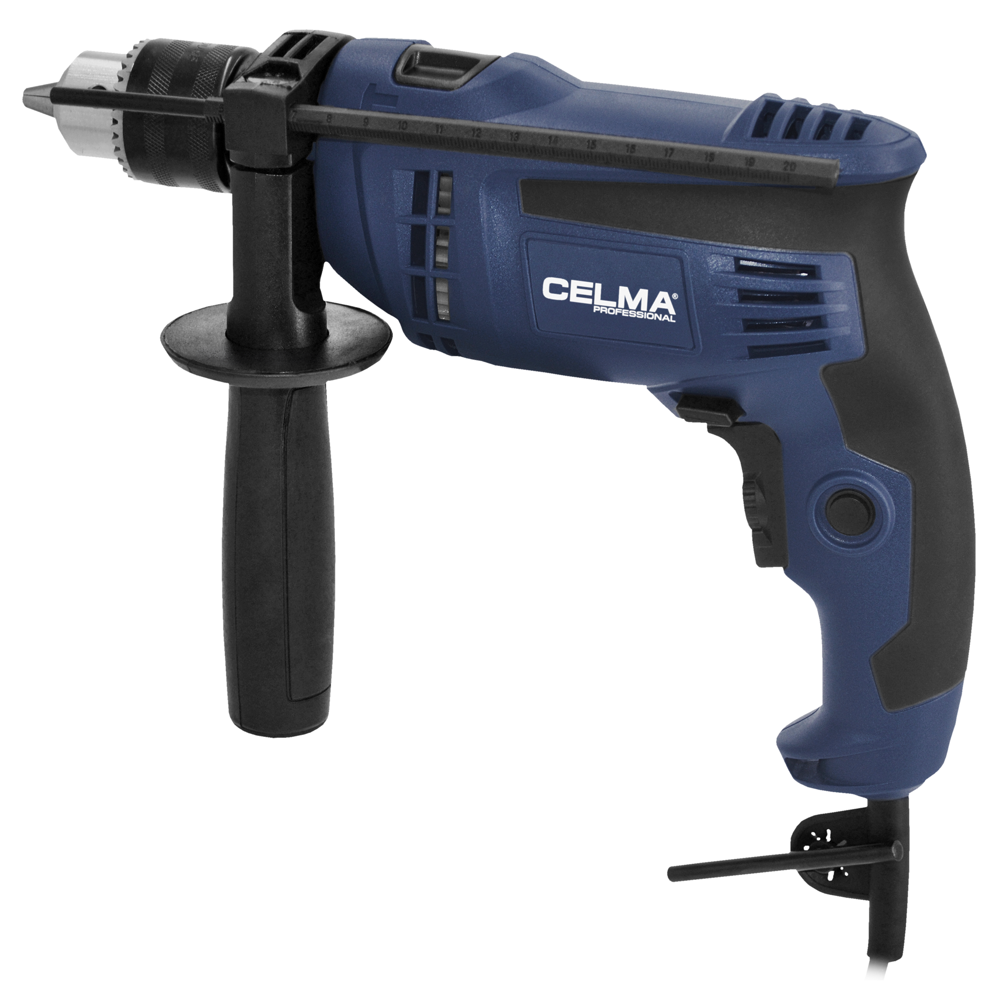 Niebiesko-czarna wiertarka profesjonalna CELMA. Posiada uchwyt, wiertło i skalę pomiarową.