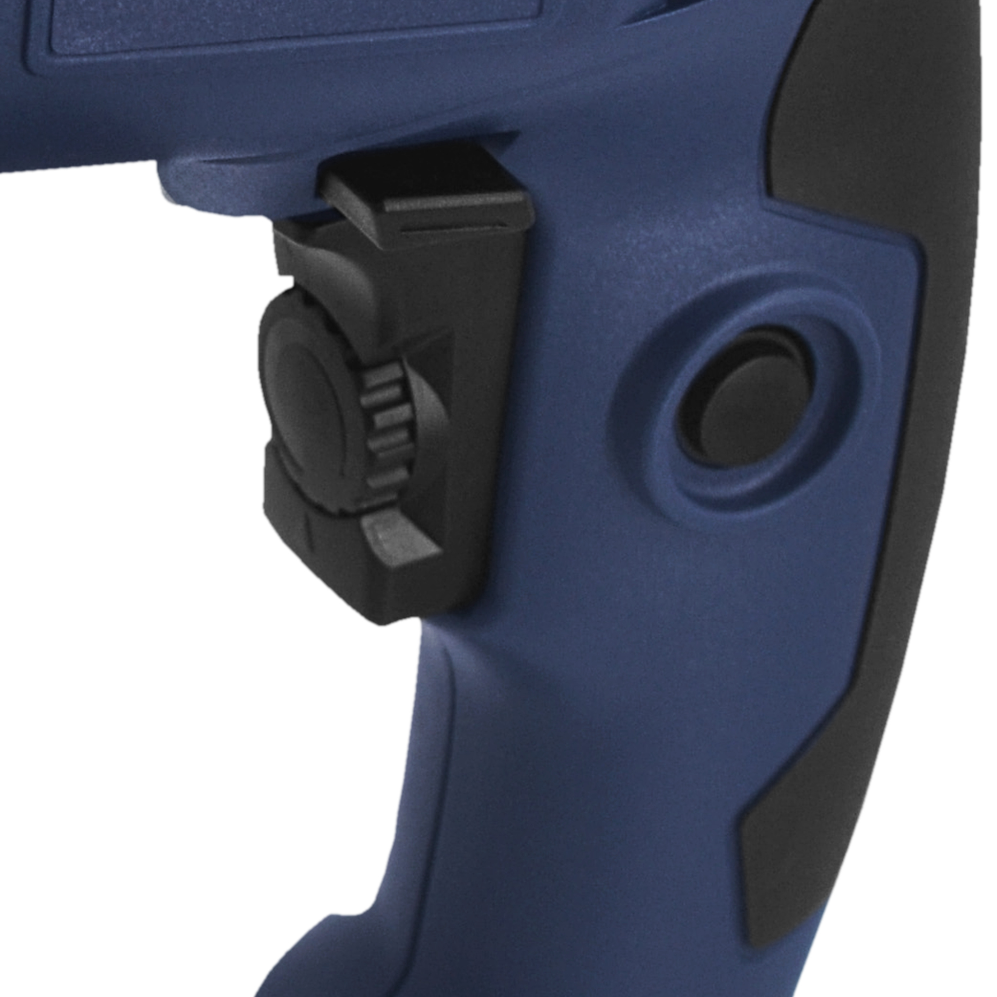 Zbliżenie uchwytu narzędzia. Jest niebieski z czarnymi akcentami. Widoczny czarny przełącznik i pokrętło.