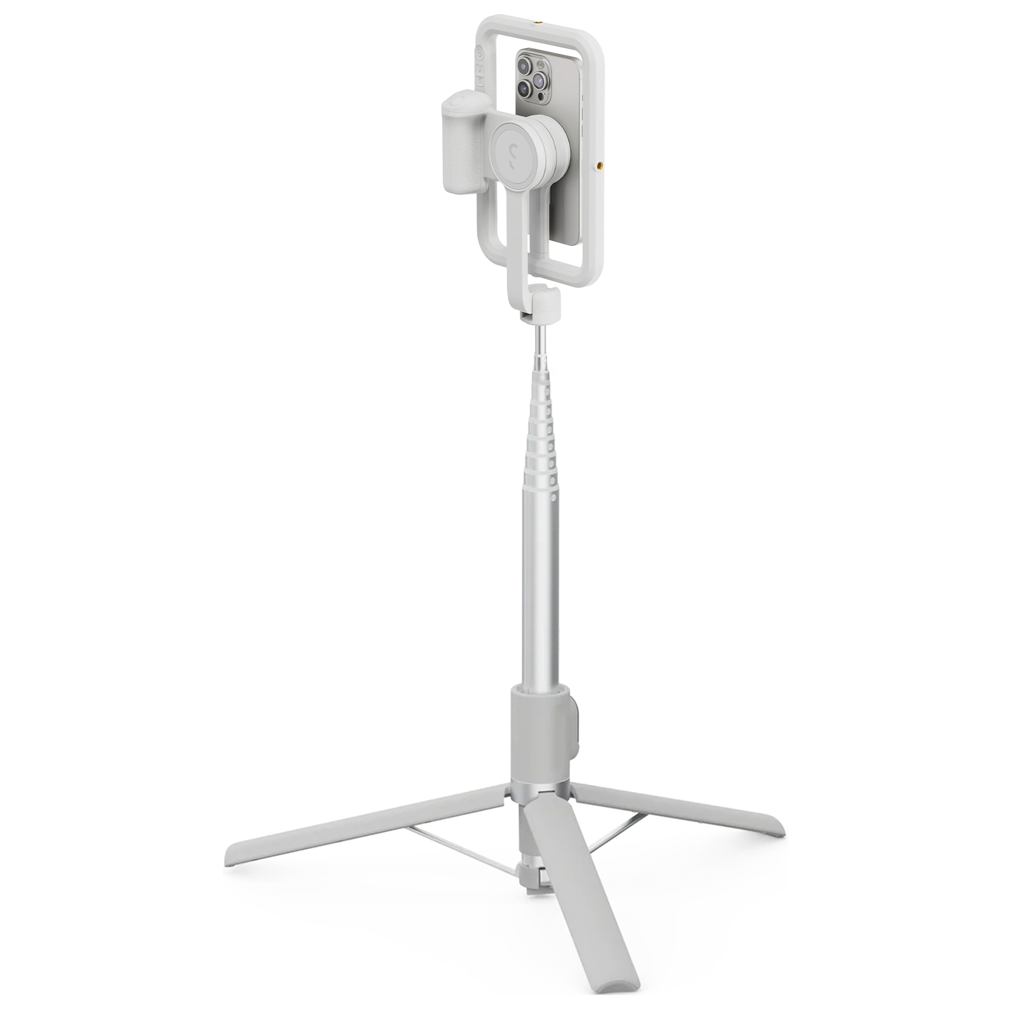 Üzerine telefon takılı beyaz bir selfie çubuğu. Çubuğun tripod tabanı var.