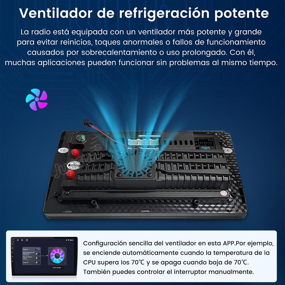 La imagen muestra un componente de radio de coche con un ventilador de refrigeración. El texto describe las características del ventilador y el control automático de la temperatura.