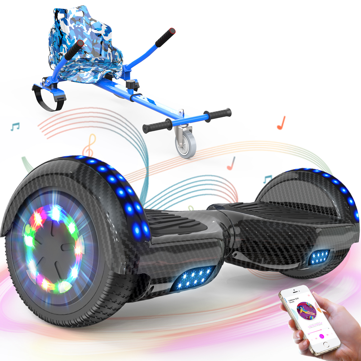 Un hoverboard con un accesorio de asiento azul y un teléfono que muestra música. Luces de colores en las ruedas. Notas musicales en el fondo.
