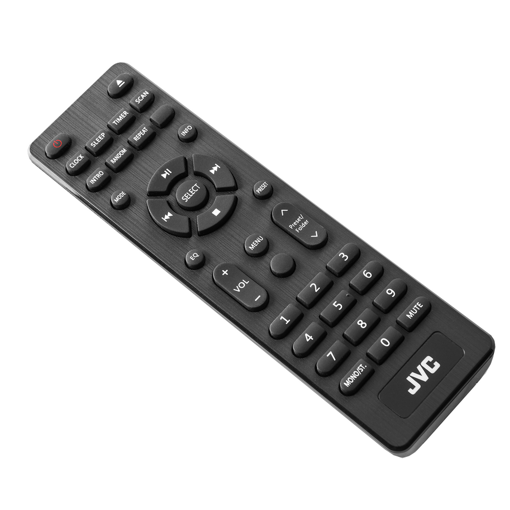 Czarny pilot JVC. Ma wiele przycisków, w tym głośność, numery i elementy sterowania odtwarzaniem. Widoczne jest logo JVC.