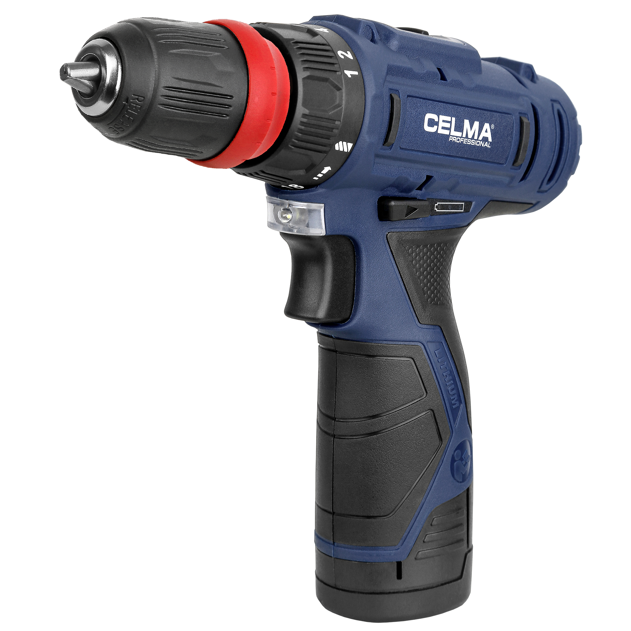 Niebiesko-czarna wiertarko-wkrętarka akumulatorowa z czerwonym pierścieniem. Ma markę CELMA i baterię litową.
