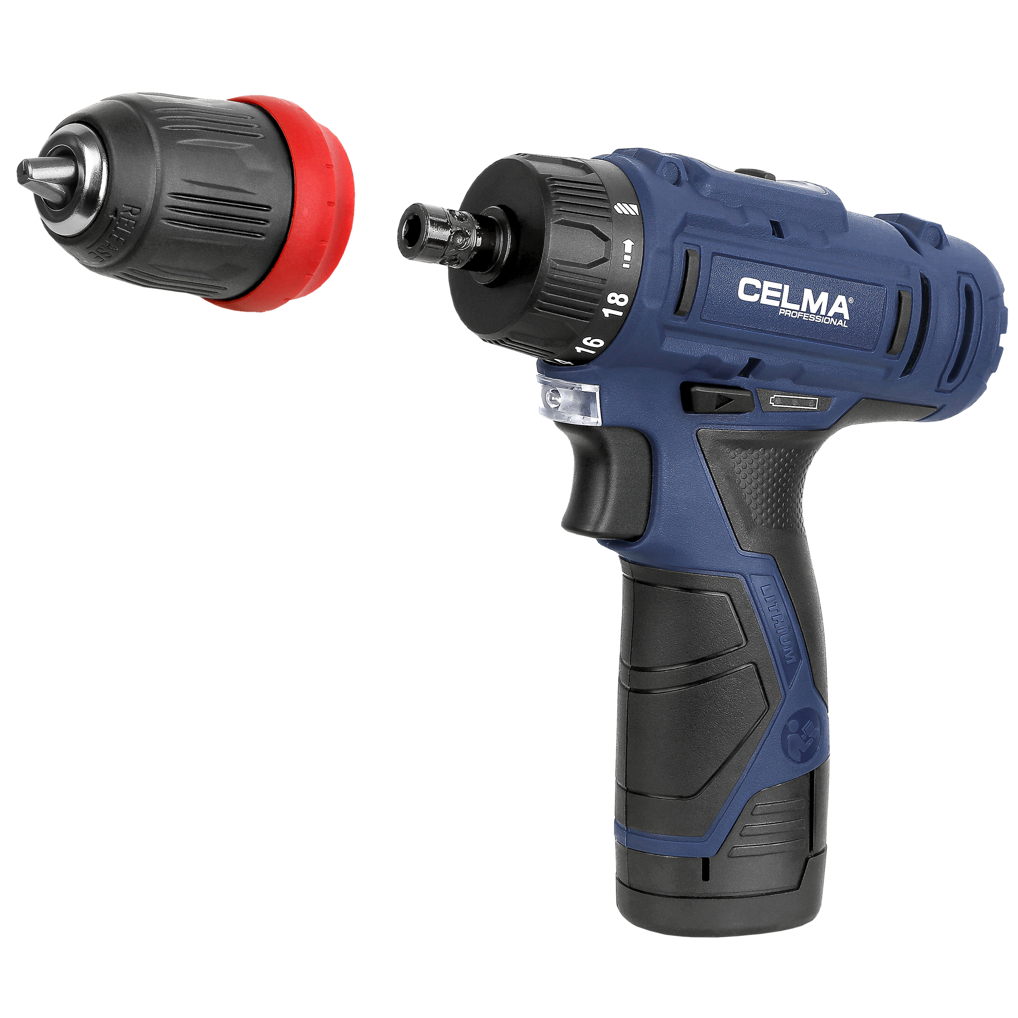 Niebiesko-czarna wiertarko-wkrętarka akumulatorowa z czarnym uchwytem i czerwonym pierścieniem. Marka to Celma Professional.