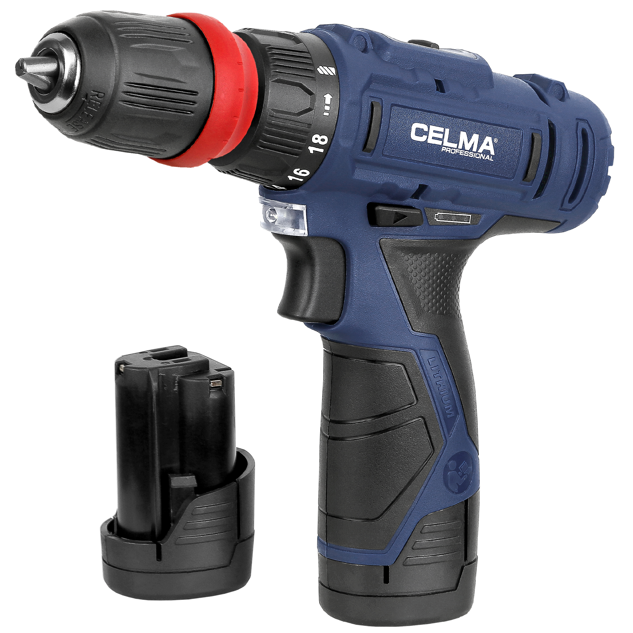 Niebiesko-czarna wiertarko-wkrętarka akumulatorowa z oddzielną baterią. Wiertarka ma czerwony pierścień, a bateria jest czarna.