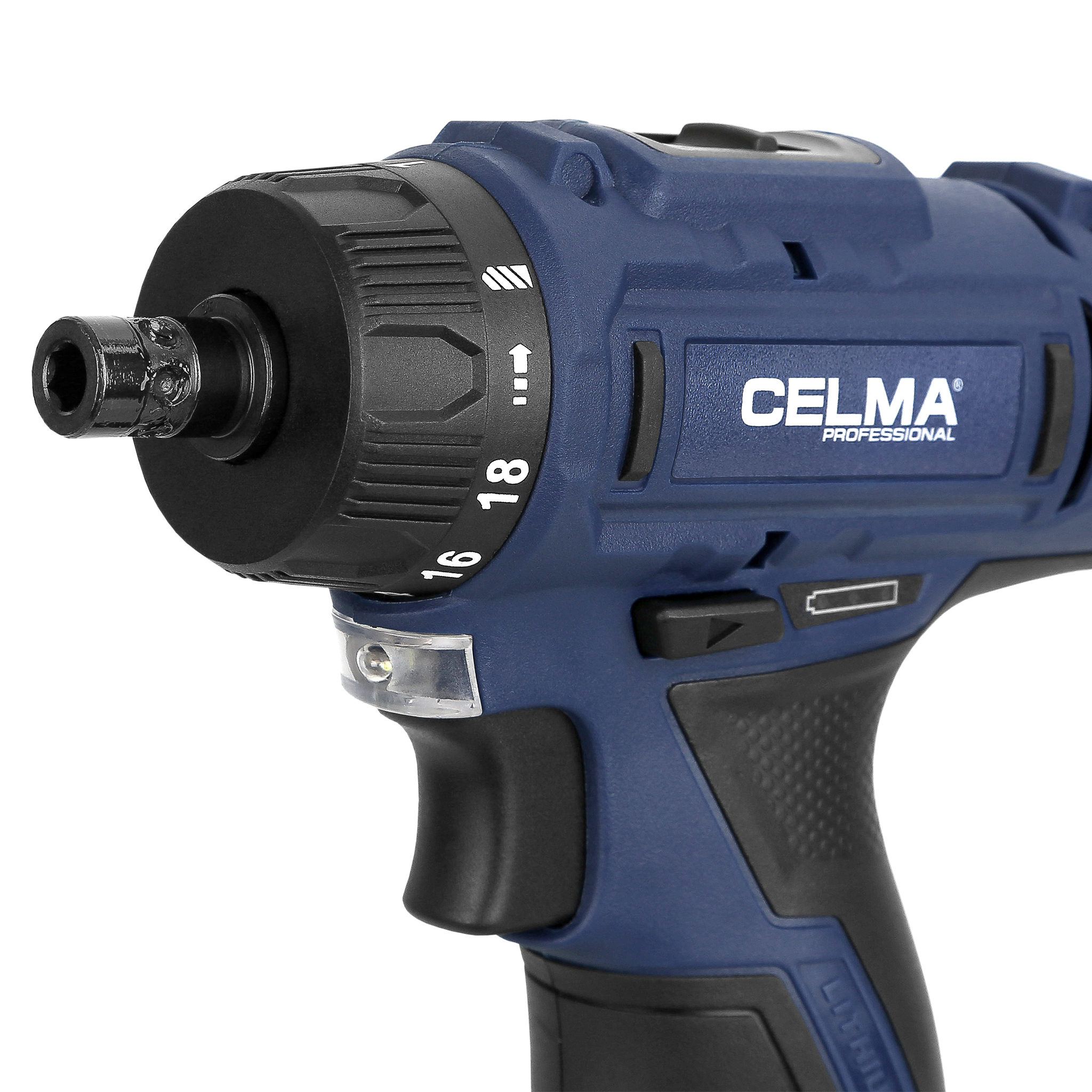 Zbliżenie niebiesko-czarnej wiertarki akumulatorowej. Marka to CELMA PROFESSIONAL. Widoczne są numery 16 i 18.
