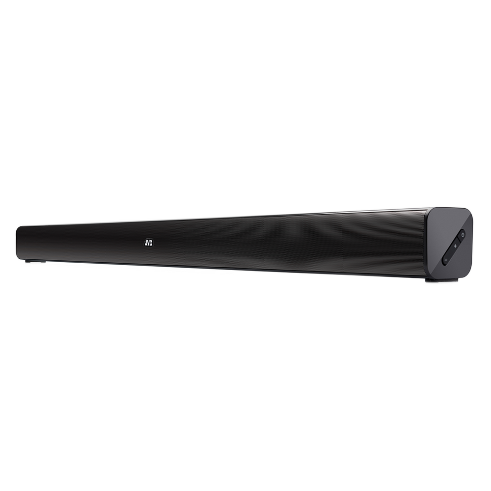 Czarny soundbar JVC na białym tle. Ma żebrowany design i przyciski sterowania na prawym końcu.