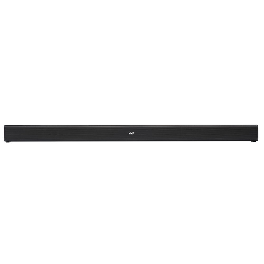 Czarny soundbar z logo JVC jest wyśrodkowany na białym tle. Soundbar jest prostokątny i poziomy.