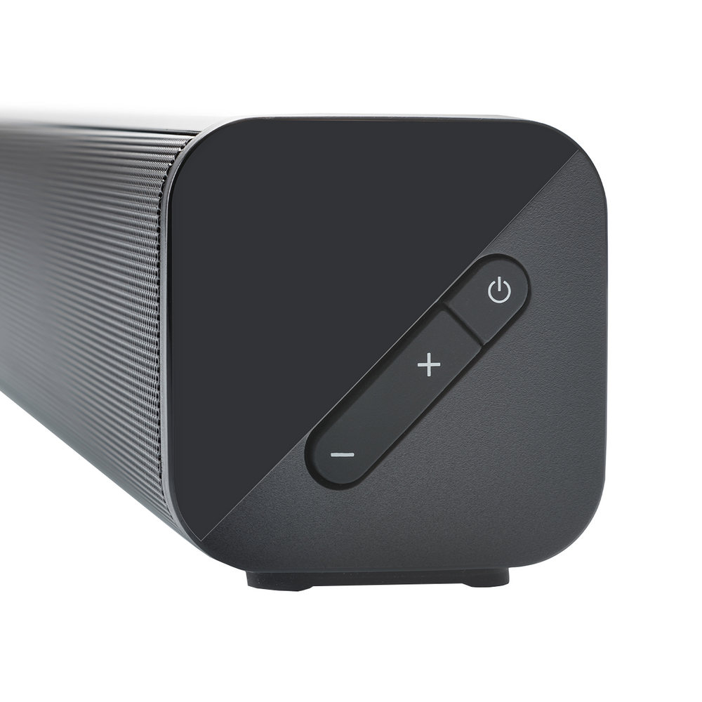 Zbliżenie czarnego soundbaru. Posiada przyciski głośności i zasilania. Głośnik ma siatkę na jednym z boków.