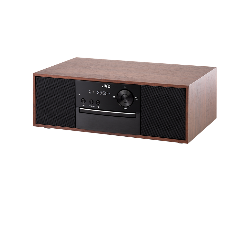 Brązowy system stereo JVC na białym tle. Posiada głośniki, wyświetlacz i pokrętła. Widoczna jest marka JVC.