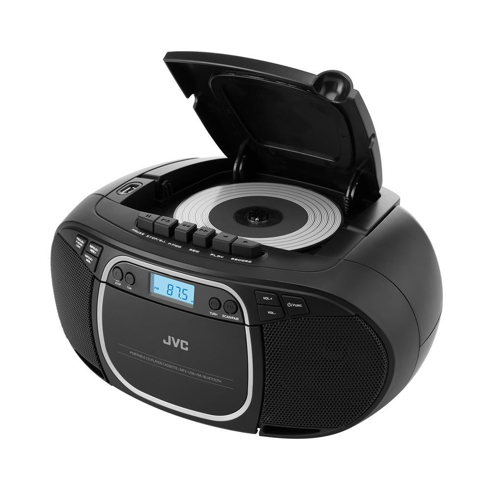 Czarny przenośny odtwarzacz CD JVC z otwartą tacką na płyty CD, wyświetlający 87,5 FM. Ma głośniki, przyciski i wyświetlacz cyfrowy.