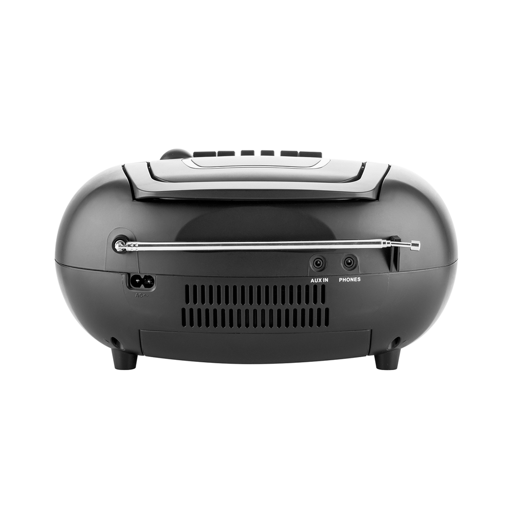 Czarny przenośny radioodbiornik z anteną. Posiada przyciski i kratkę głośnika. Tło jest białe.