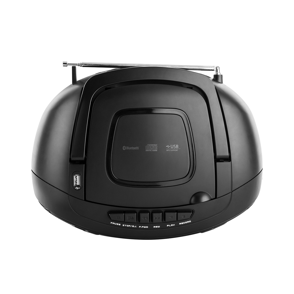 Czarny przenośny odtwarzacz CD z Bluetooth i obsługą USB, przyciskami odtwarzania i anteną, na białym tle.