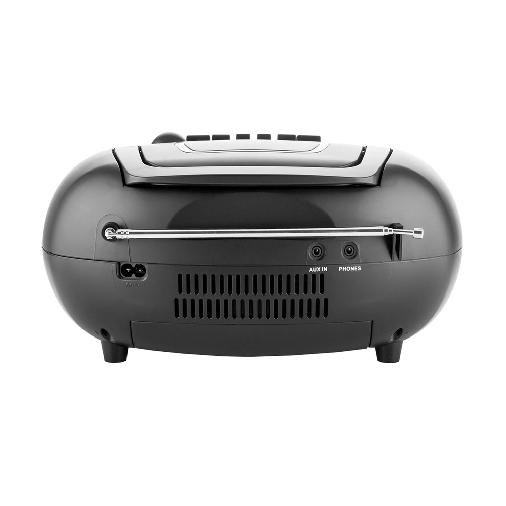 Czarny przenośny radioodbiornik z anteną. Posiada przyciski i porty, w tym AUX IN i PHONES. Tło jest białe.