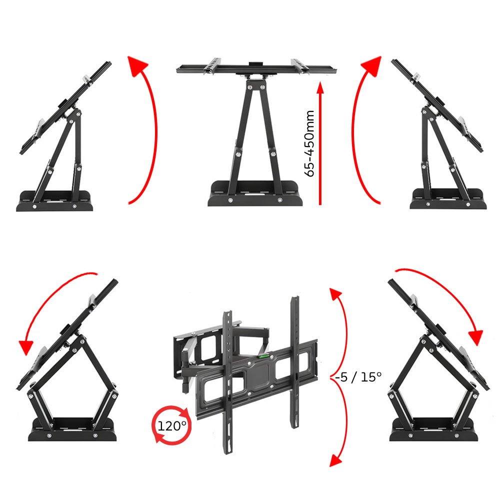 Schemat czarnego uchwytu ściennego do telewizora pokazujący różne pozycje, z czerwonymi strzałkami wskazującymi zakres ruchu i kąty.
