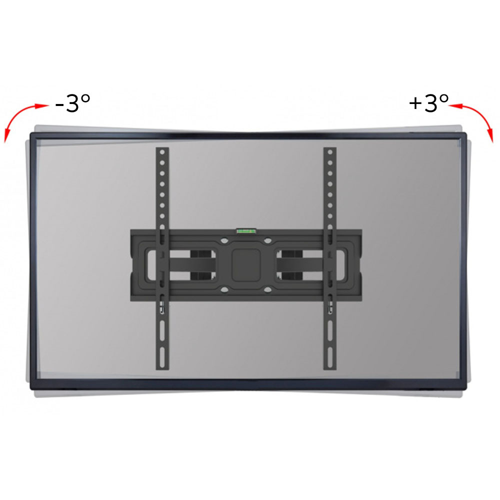 Uchwyt ścienny do TV, szary ekran. Strzałki wskazują pochylenie -3° i +3°. Czarny uchwyt z poziomnicą, pionowe szyny z otworami.