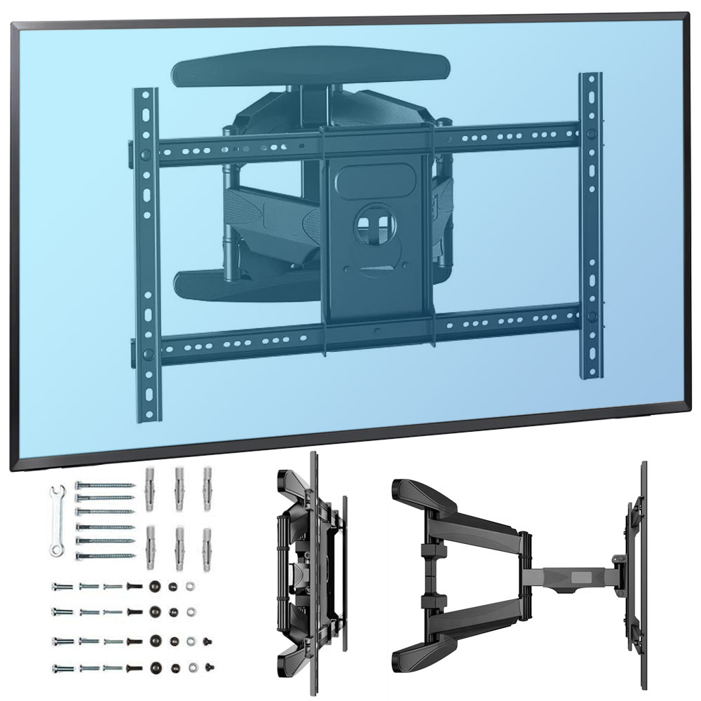 Zestaw do montażu ściennego telewizora, pokazujący uchwyt, akcesoria takie jak śruby i różne widoki uchwytu do instalacji.
