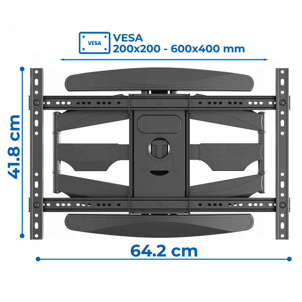 Czarny uchwyt ścienny do telewizora. Wymiary: 41,8 cm wysokości, 64,2 cm szerokości. VESA 200x200 - 600x400 mm.