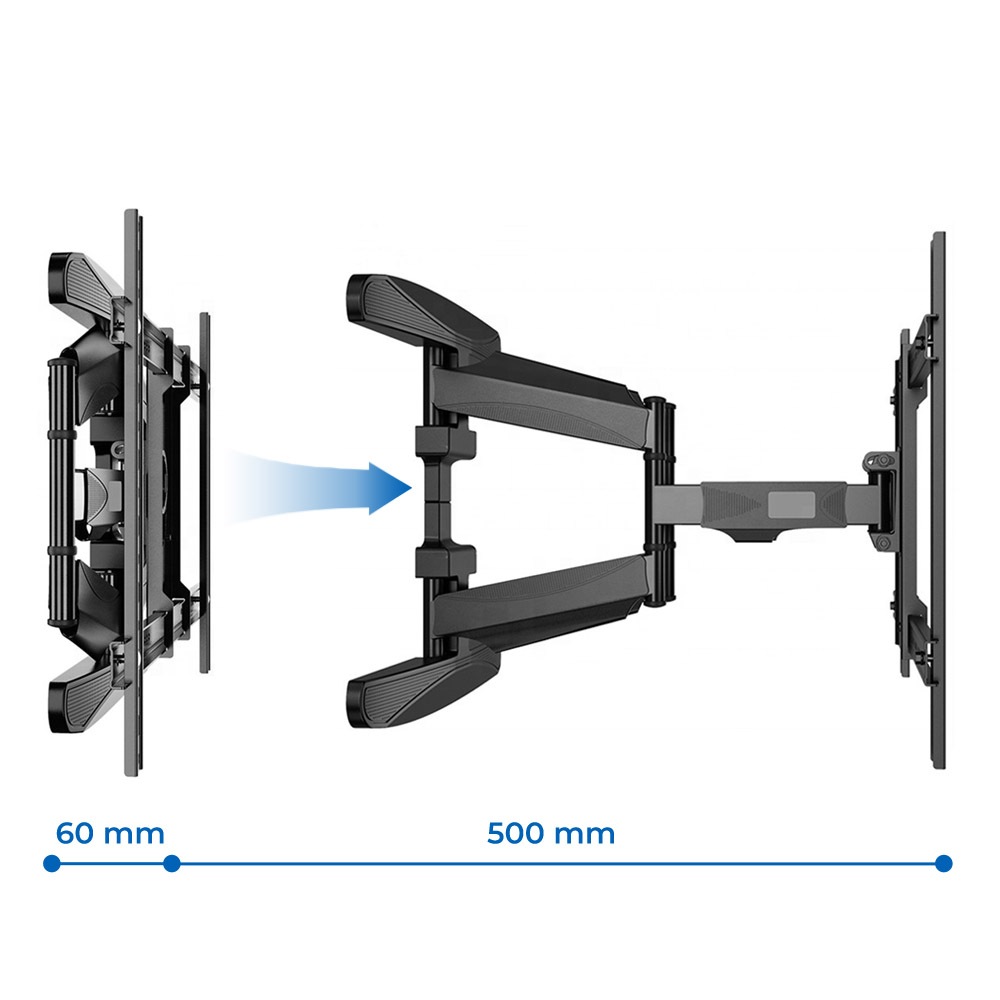 Czarny uchwyt ścienny do telewizora, z wymiarami 60 mm i 500 mm. Strzałka wskazuje ruch uchwytu.