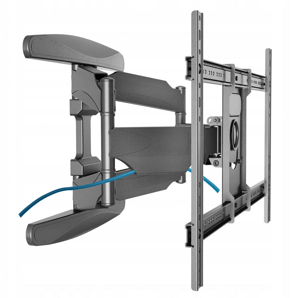 Szary, przegubowy uchwyt do telewizora. Widoczne niebieskie kable. Uchwyt ma wiele ramion i płytę do montażu ściennego.