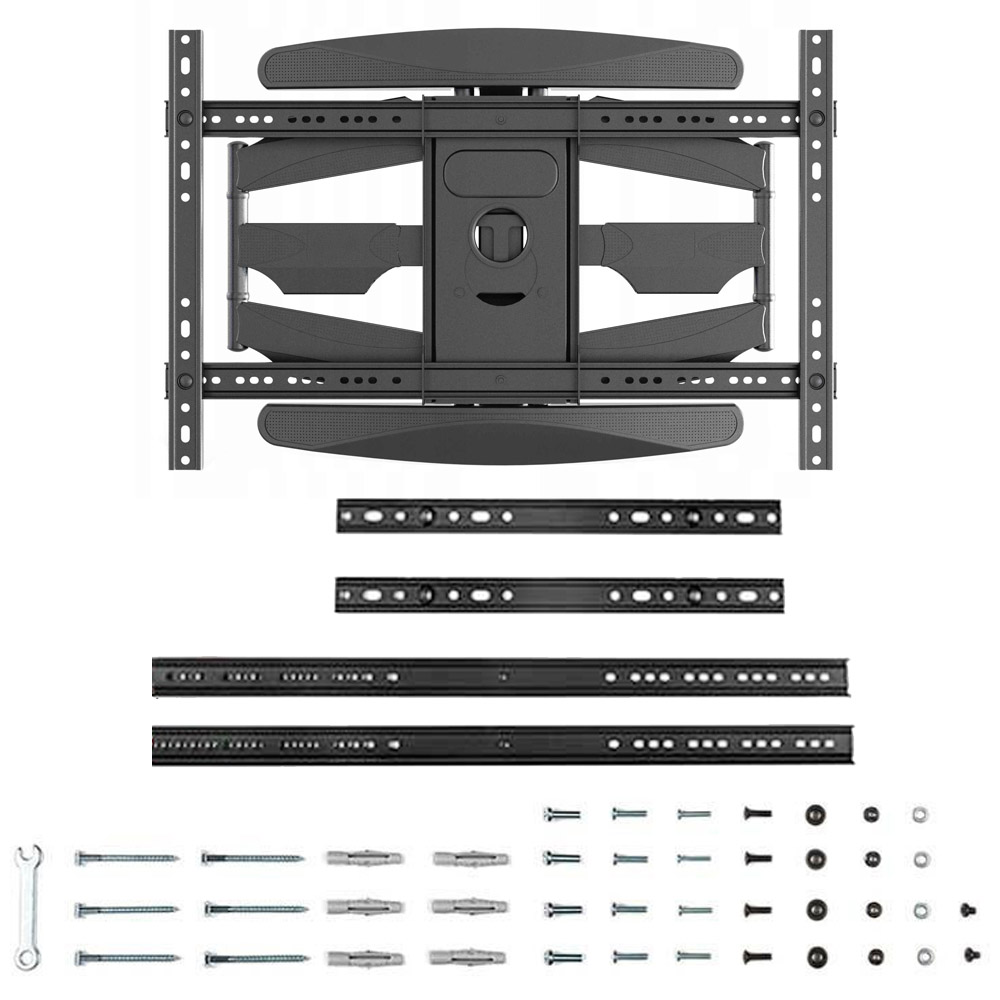 Czarny zestaw do montażu ściennego TV, pokazujący uchwyt, szyny, śruby, kołki i klucz na białym tle.