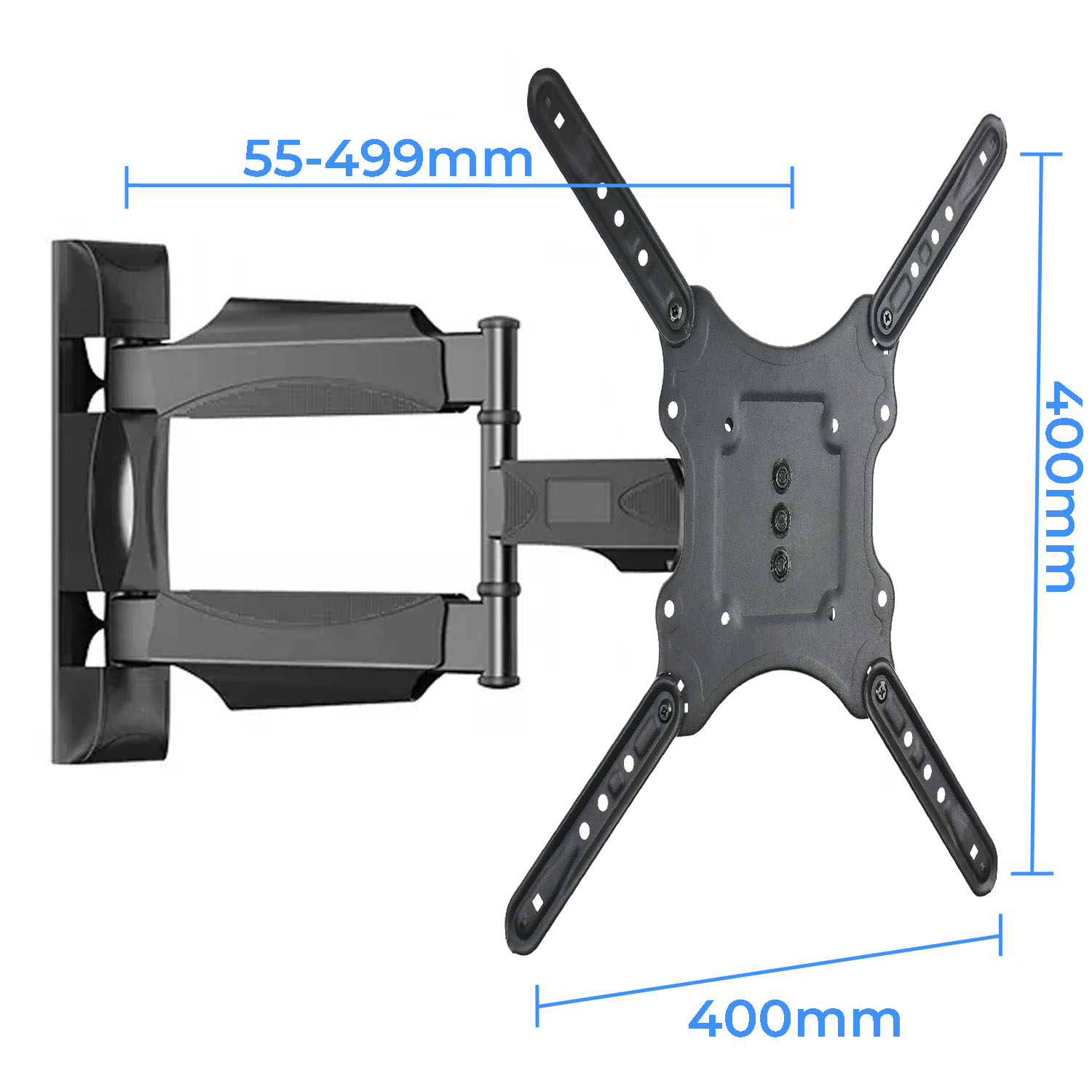Czarny uchwyt ścienny do telewizora z wymiarami. Poziomo: 55-499mm. Pionowo: 400mm. Uchwyt ma kilka ramion i otwory na śruby.