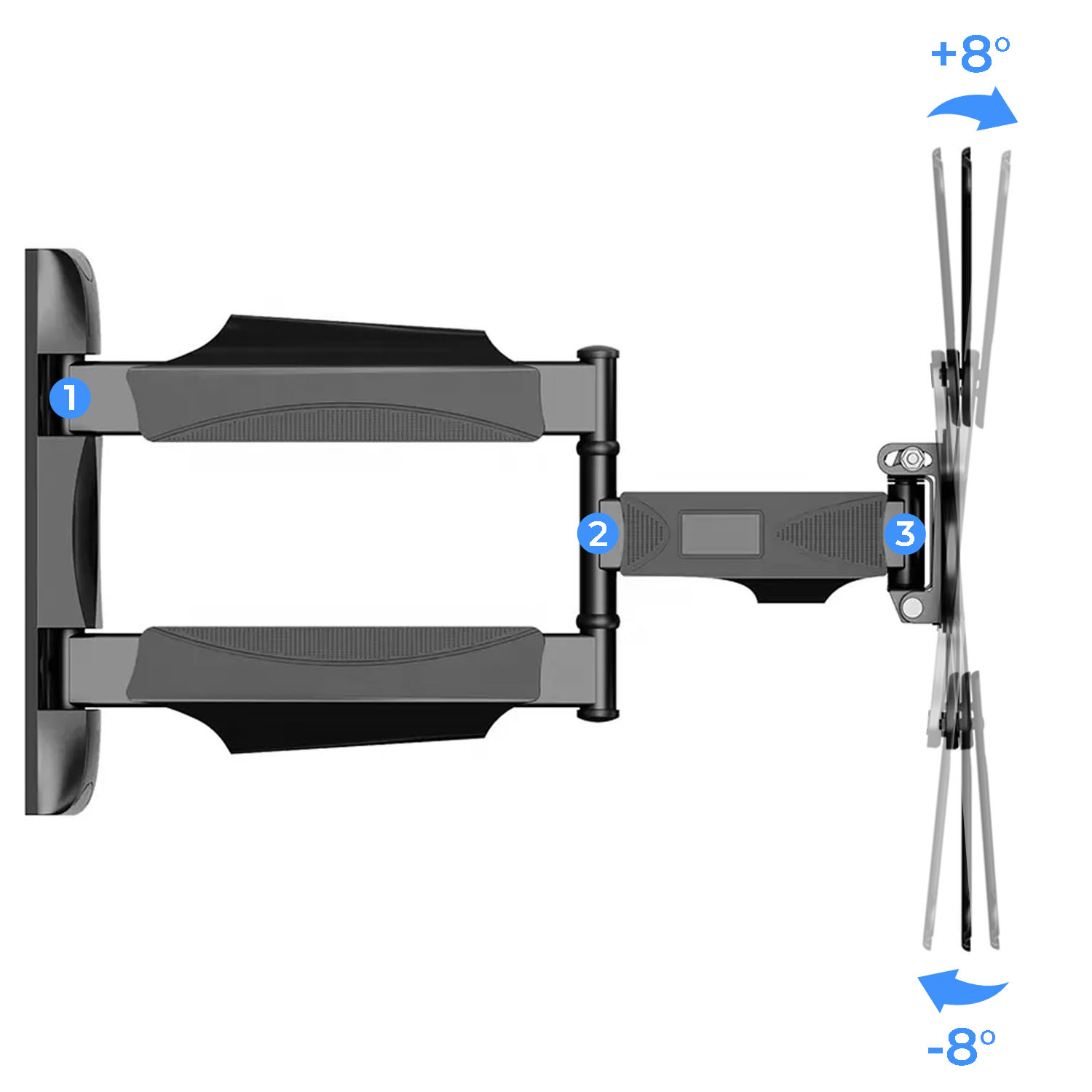 Czarny uchwyt do TV, regulowany. Pokazuje zakres pochylenia +8 i -8 stopni. Numery 1, 2 i 3 są zaznaczone na uchwycie.