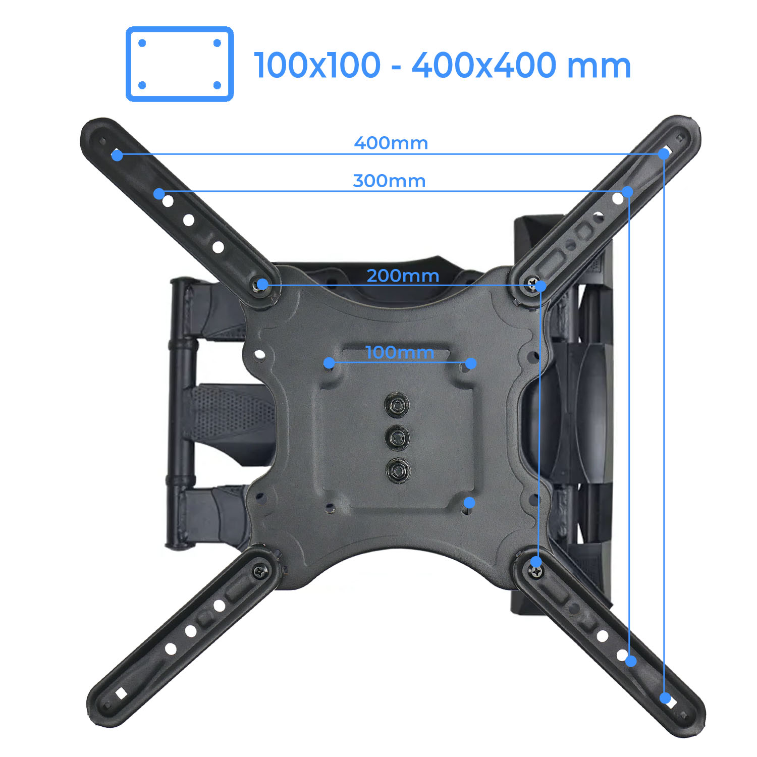 Czarny uchwyt ścienny do telewizora z wymiarami. Ramiona rozciągają się od centralnej płyty. Wskazane są wymiary od 100x100 do 400x400 mm.