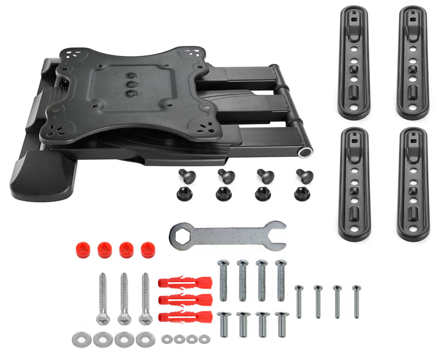 Zestaw do montażu ściennego TV na białej powierzchni. Zawiera wspornik, ramiona montażowe, śruby, śruby, czerwone kołki i klucz.