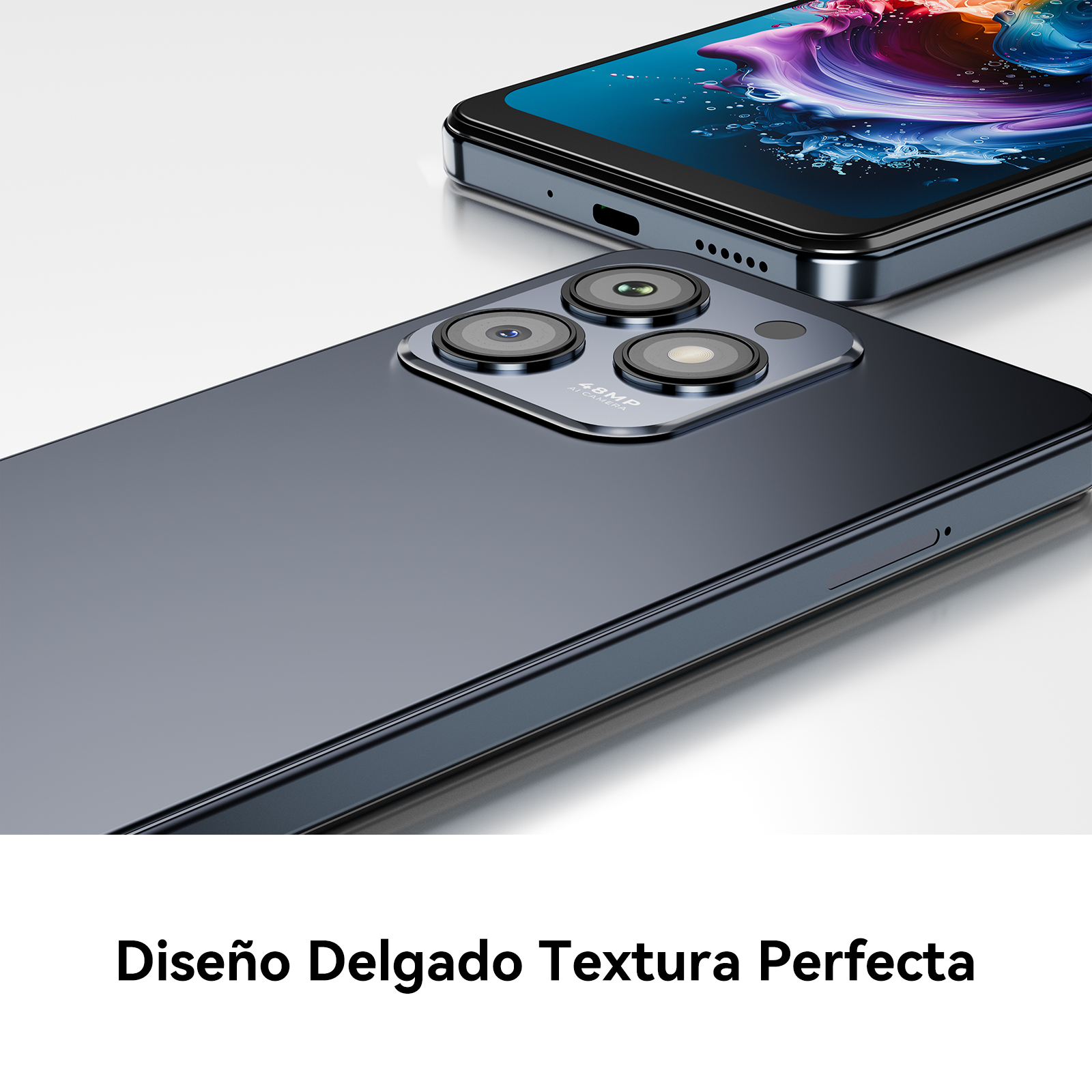 Ciemnoszary smartfon pokazuje tył z trzema aparatami. Ekran wyświetla kolorowy obraz. Tekst: Diseño Delgado Textura Perfecta.