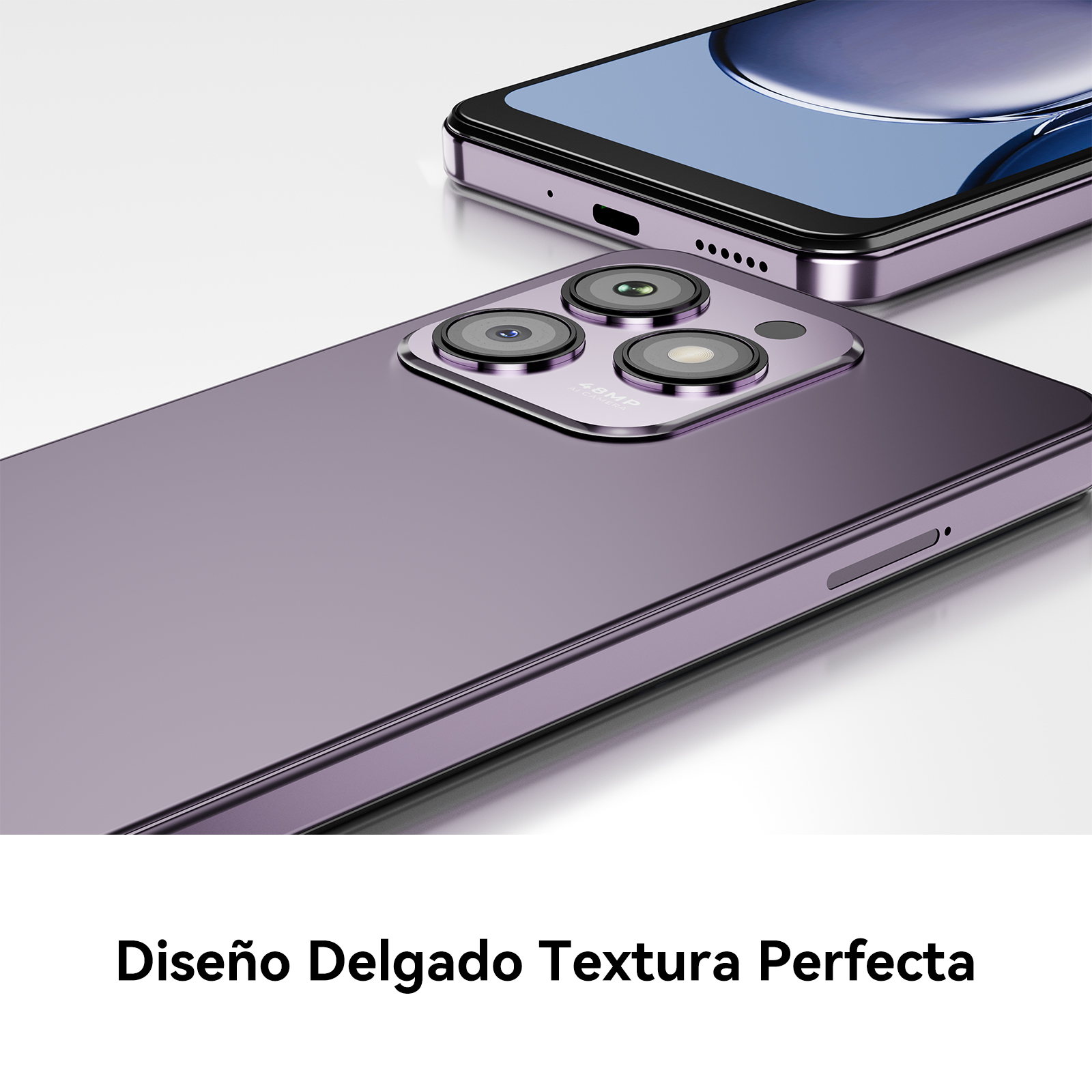 Dwa fioletowe smartfony, jeden ostro. Potrójny aparat z tyłu. Białe tło i tekst: 'Diseño Delgado Textura Perfecta'.