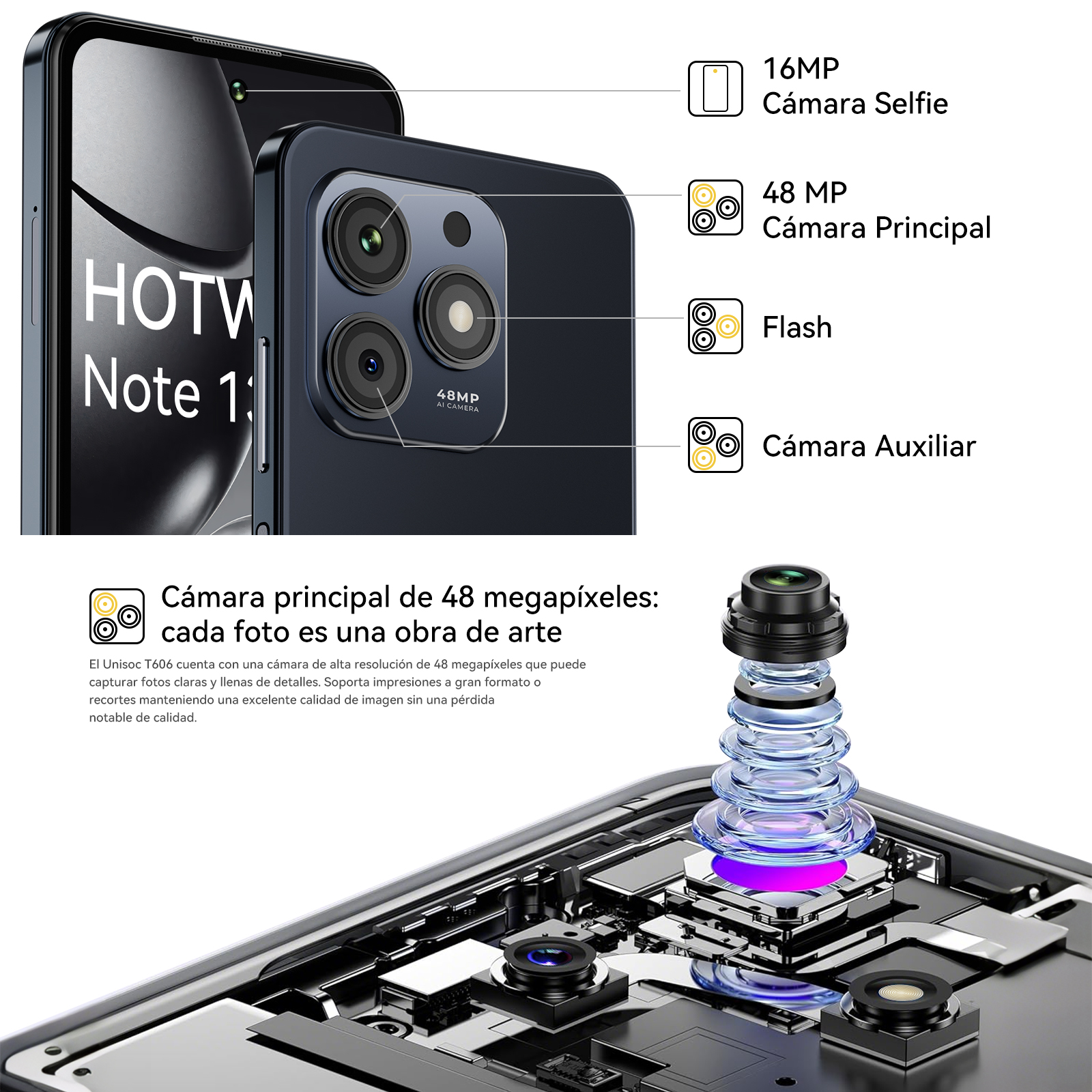 Obraz przedstawia czarny smartfon ze szczegółami aparatu, 48MP, i zdemontowany obiektyw aparatu ukazujący komponenty wewnętrzne.