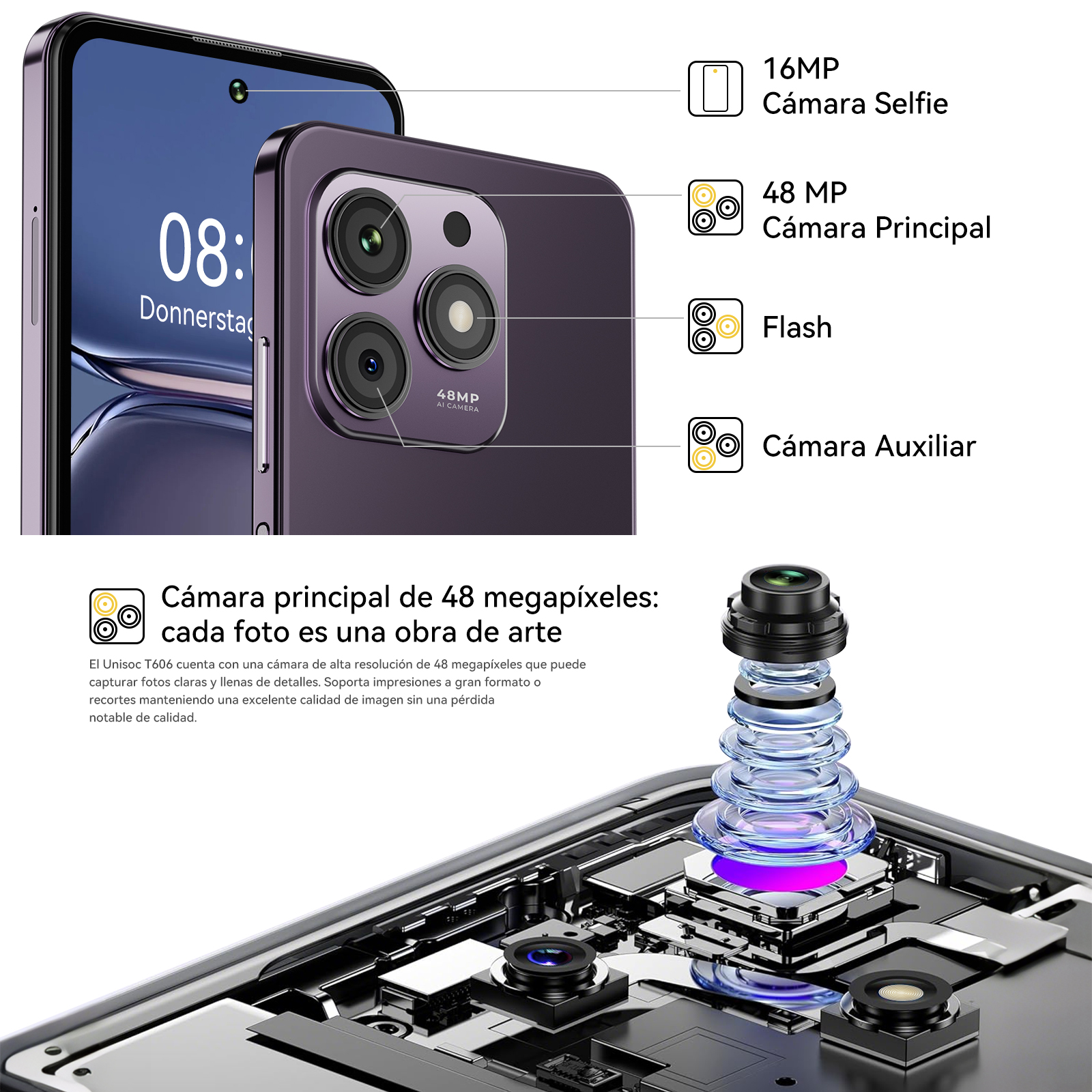 Pokazano smartfon z modułem aparatu, z aparatem do selfie 16MP, głównym 48MP, lampą błyskową i aparatem pomocniczym.