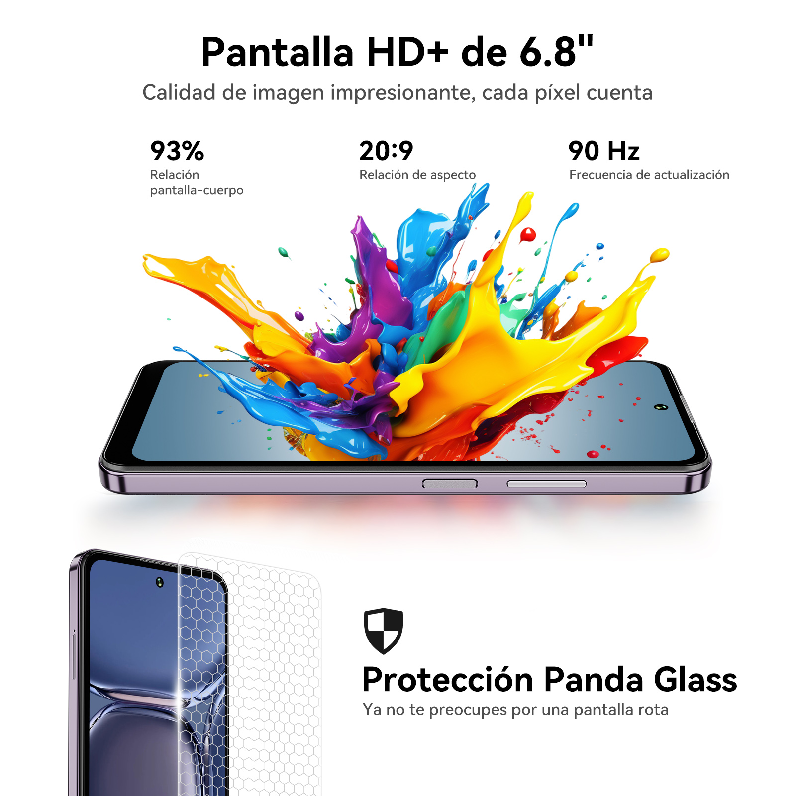 Telefon z kolorowym rozpryskiem farby na ekranie. Szczegóły obejmują specyfikacje ekranu i ochronę Panda Glass.