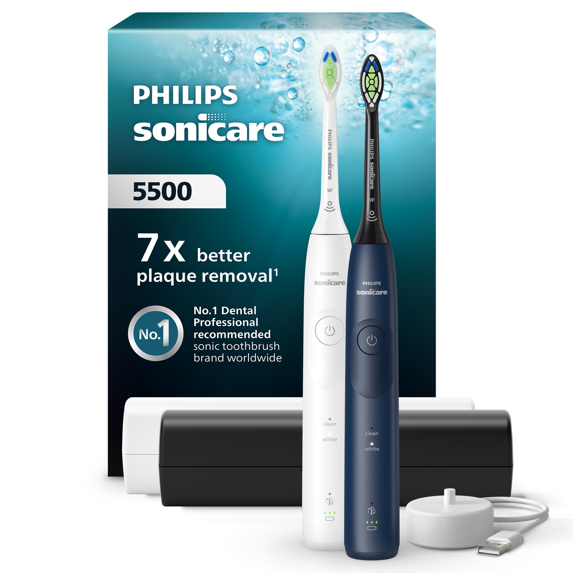 La imagen muestra cepillos de dientes eléctricos Philips Sonicare. Se ven cepillos de dientes blancos y azul marino con base de carga y caja.