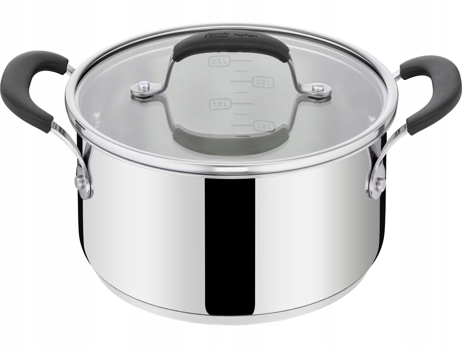 Garnek ze stali nierdzewnej ze szklaną pokrywą i czarnymi uchwytami. Pokrywa ma uchwyt i oznaczenia objętości.