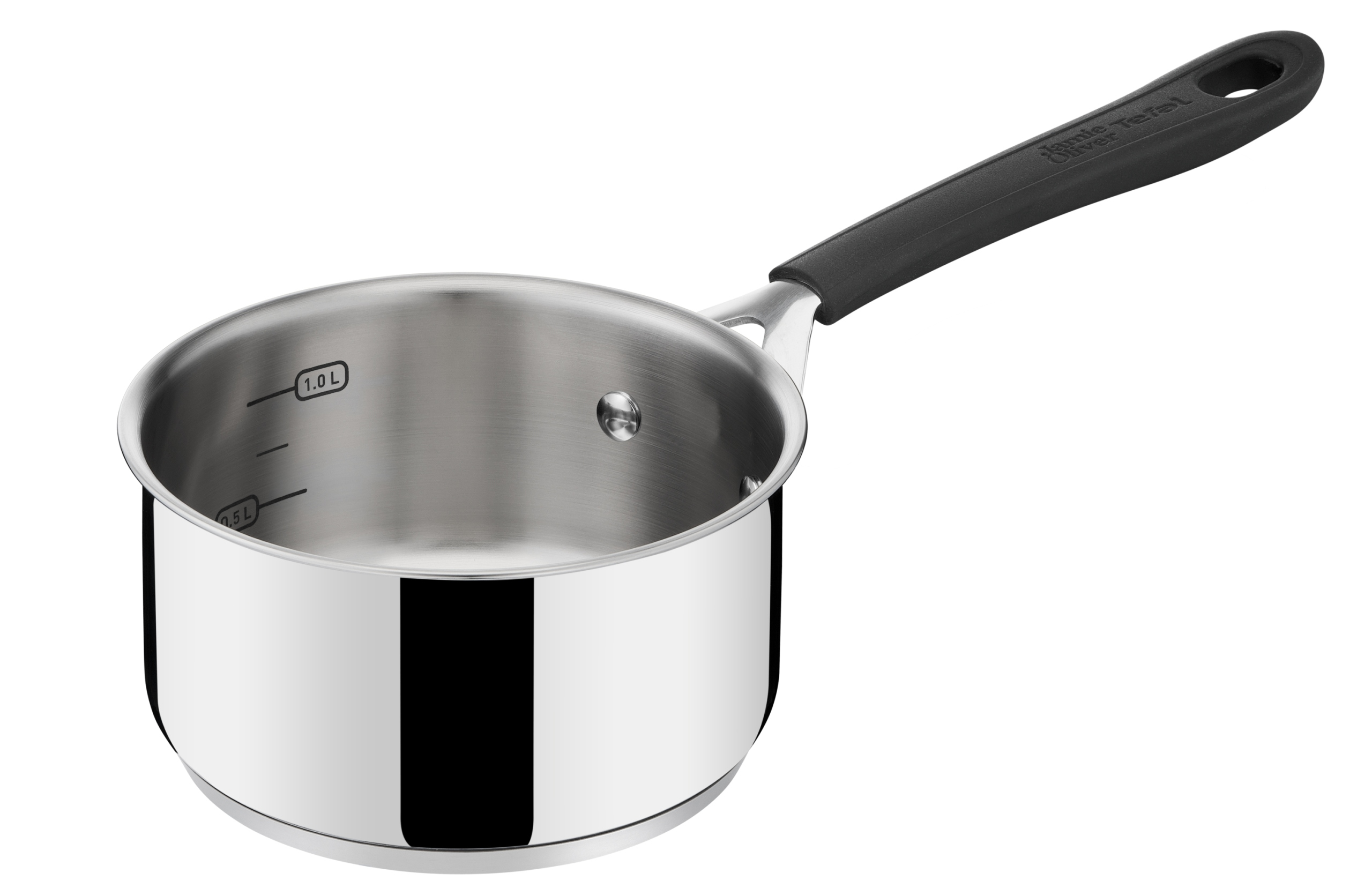 Garnek ze stali nierdzewnej z czarnym uchwytem, ​​wyświetlający oznaczenia pojemności. Uchwyt ma logo Jamie Oliver.