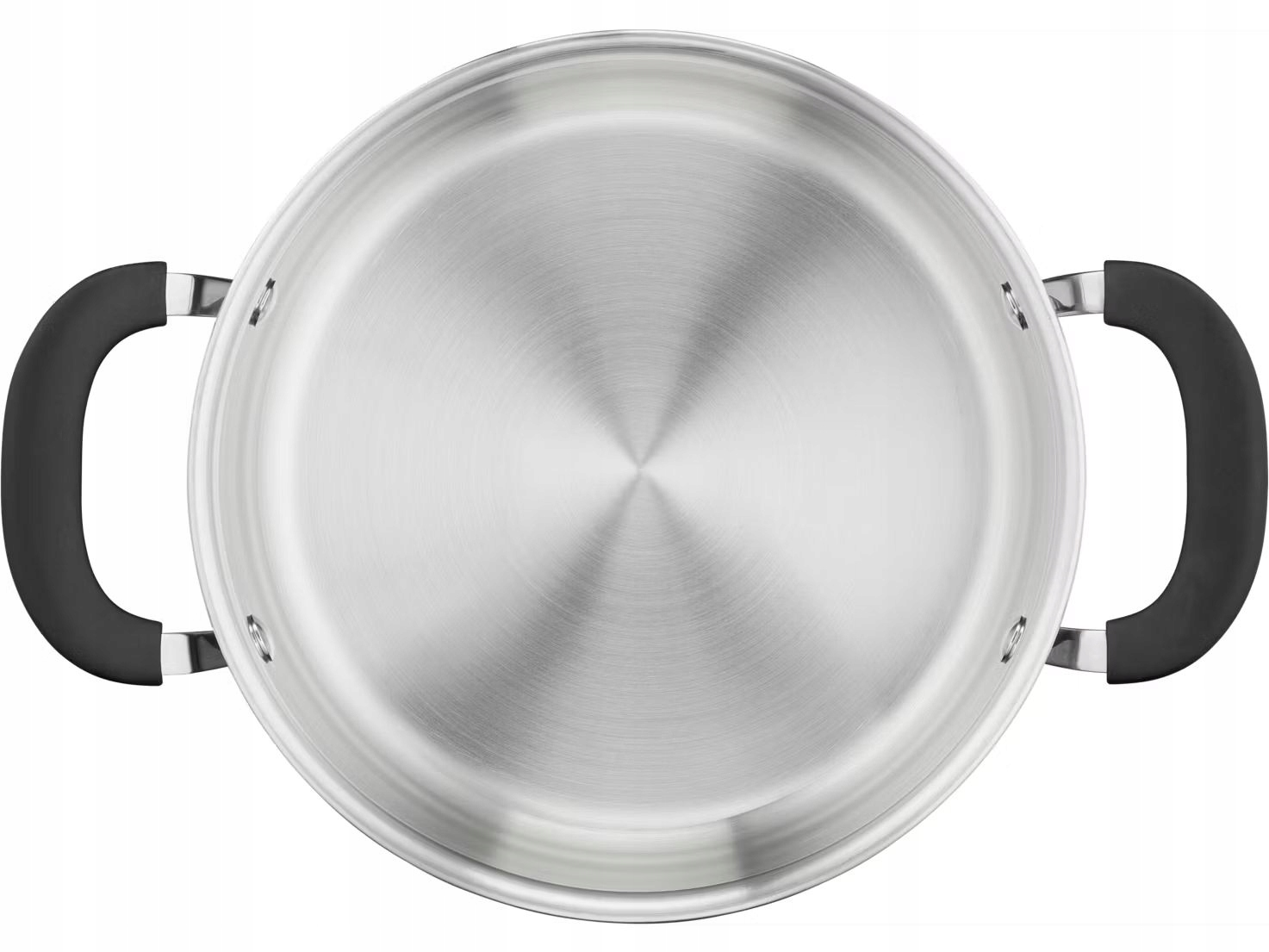 Widok z góry na garnek ze stali nierdzewnej z dwoma czarnymi uchwytami. Garnek ma błyszczące, szczotkowane metalowe wnętrze.