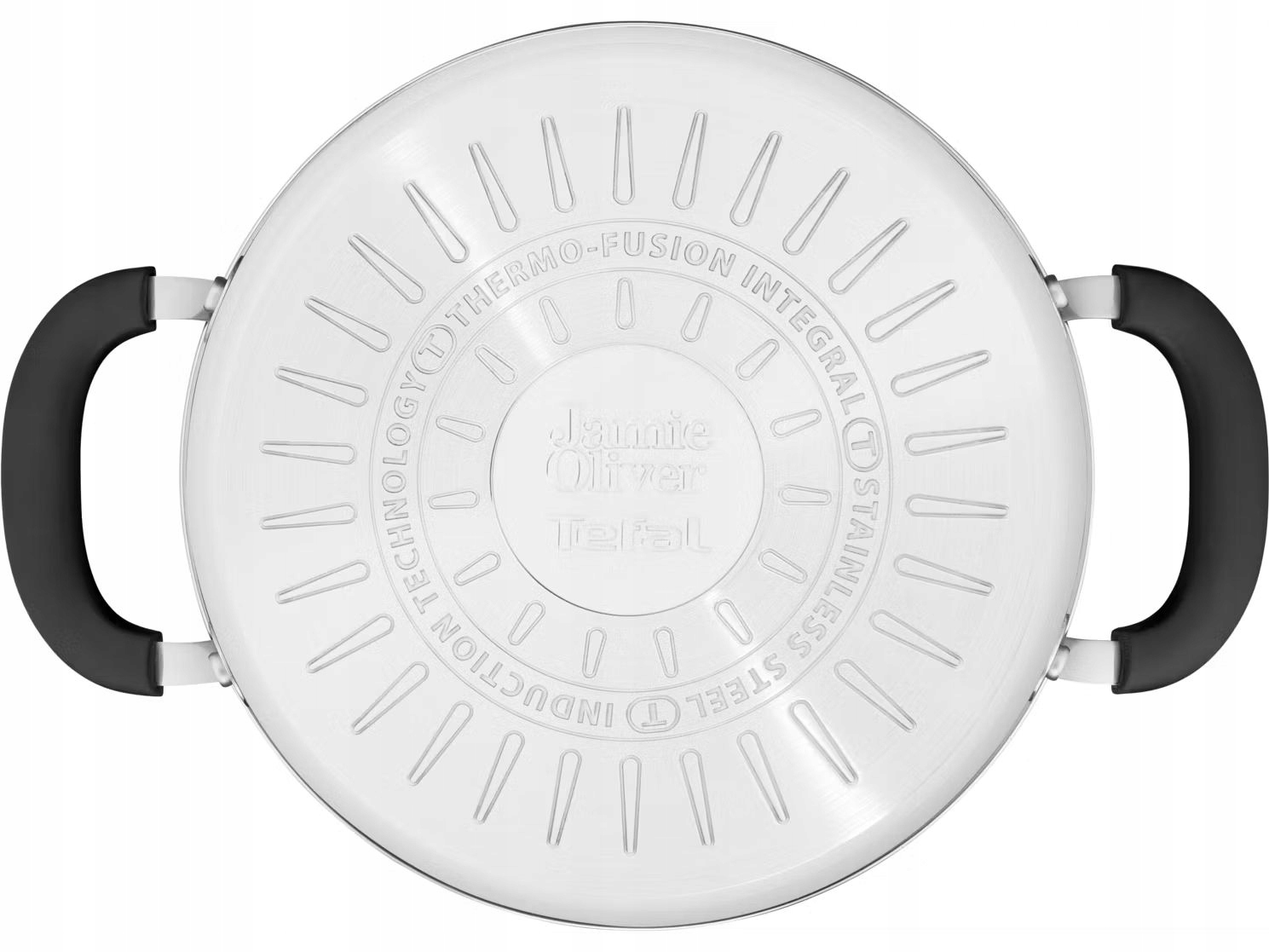 Spód patelni ze stali nierdzewnej z czarnymi uchwytami. Zawiera tekst: Jamie Oliver, Tefal i Thermo-Fusion.