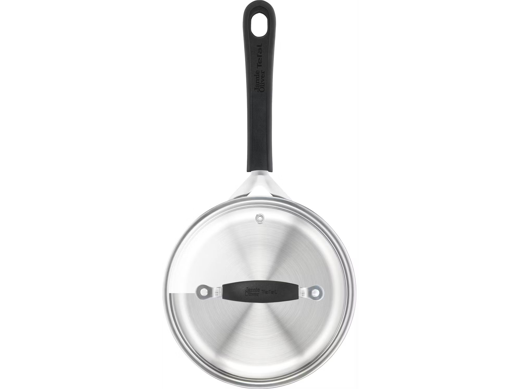 Patelnia Jamie Oliver Tefal ze stali nierdzewnej ze szklaną pokrywką i czarnym uchwytem, wyizolowana na białym tle.