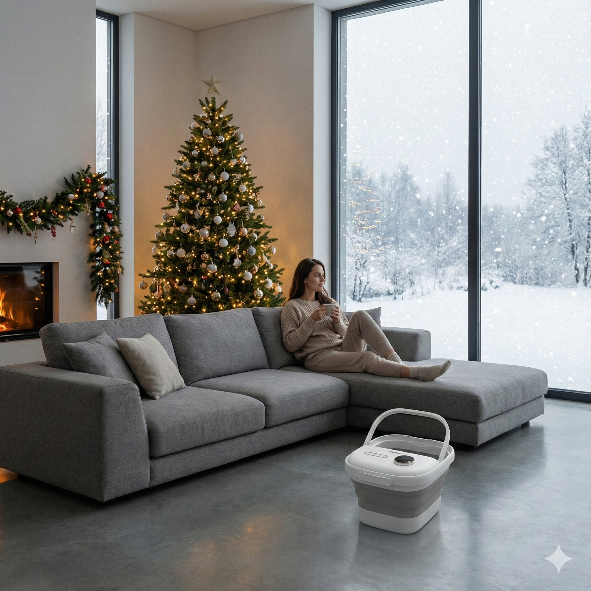 Kobieta siedzi na szarej sofie, trzymając kubek. Widać choinkę i zaśnieżony krajobraz. Na podłodze stoi składane wiadro.