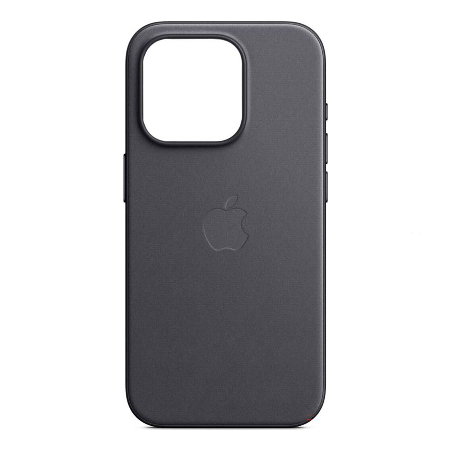 Una custodia per iPhone in pelle grigio scuro. Presenta un logo Apple e un ritaglio per la fotocamera. La custodia ha copri pulsanti.