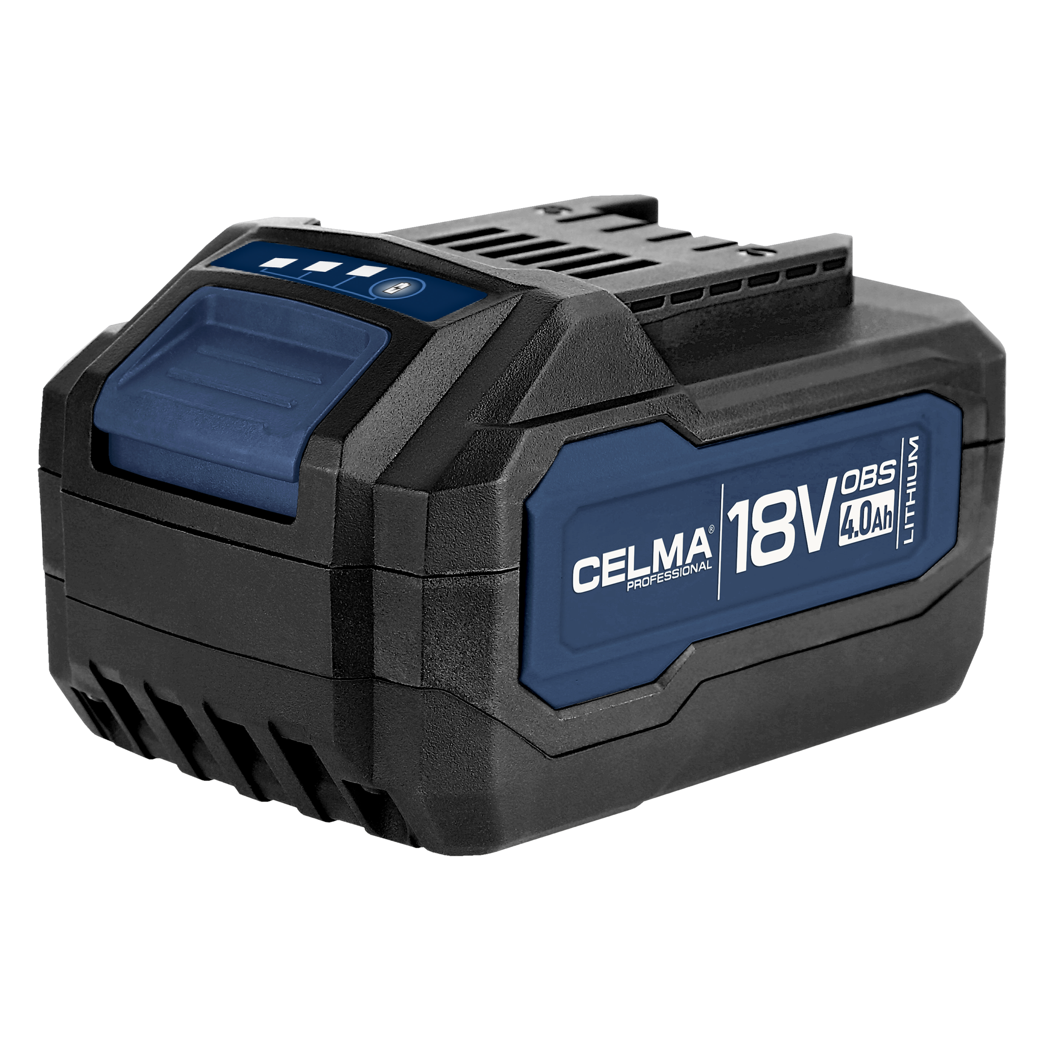 Czarny i niebieski akumulator litowo-jonowy Celma 18V 4.0Ah. Zawiera nazwę marki i napięcie.