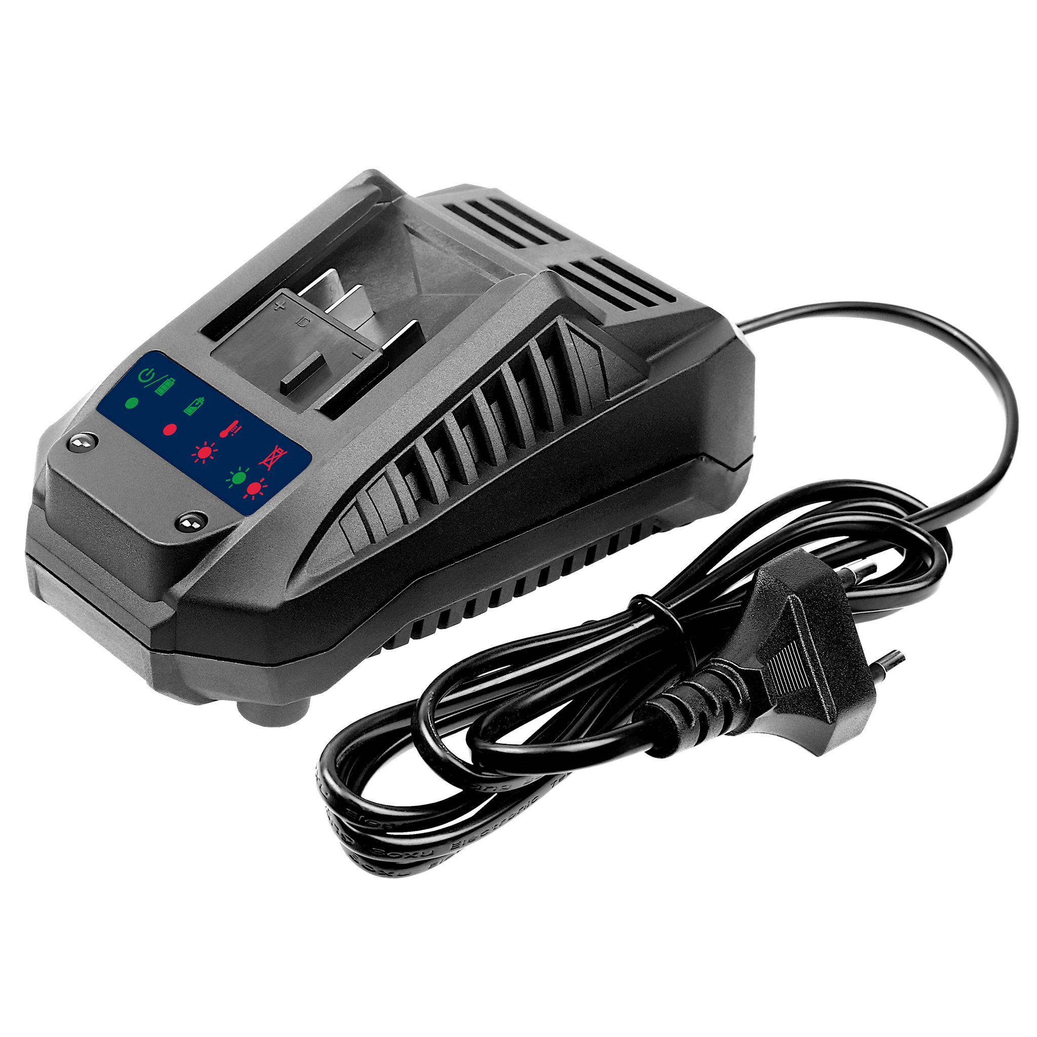 Czarna ładowarka do akumulatorów z czarnym kablem i wtyczką. Ma kontrolki. Jest na białym i szarym tle.