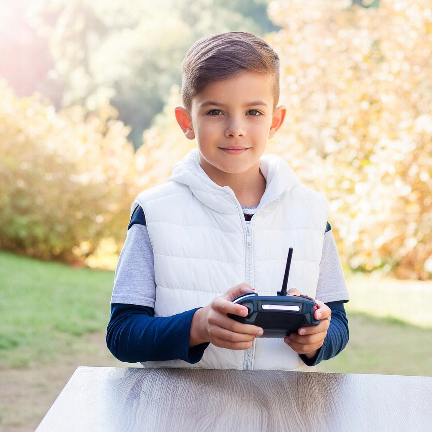 Chłopiec w białej kamizelce trzyma pilota drona. Uśmiecha się do kamery, z rozmytym jesiennym tłem.
