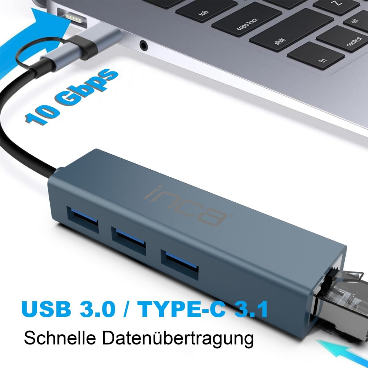 Ein USB-Hub ist mit einem Laptop verbunden. Er hat USB 3.0 und Typ-C 3.1 Anschlüsse. Text: 10 Gbit/s, USB 3.0 / TYPE-C 3.1.