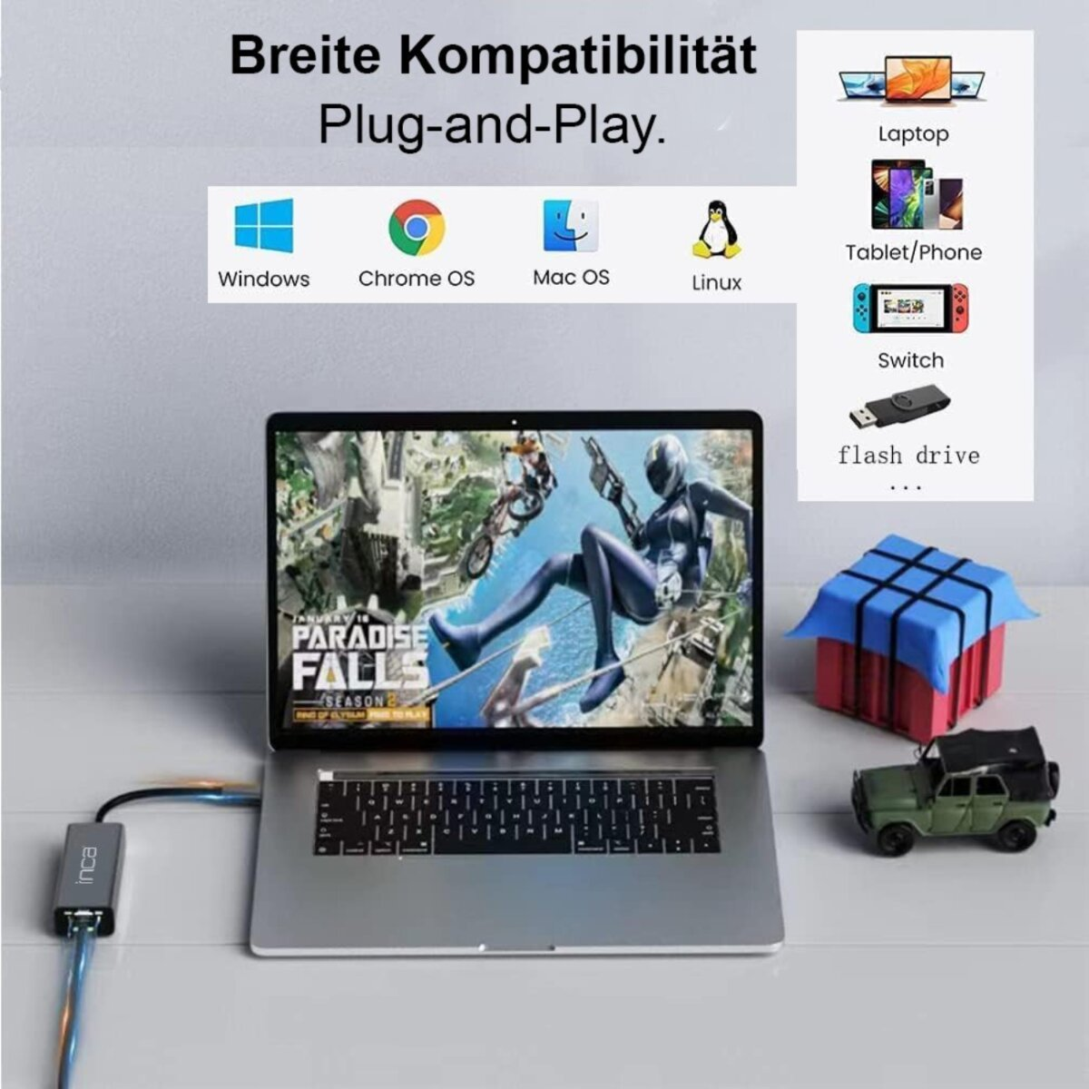 Laptop mit Spiel. Symbole für Windows, Chrome OS, Mac OS und Linux. Weitere Geräte: Telefon, Switch und USB-Stick werden ebenfalls gezeigt.