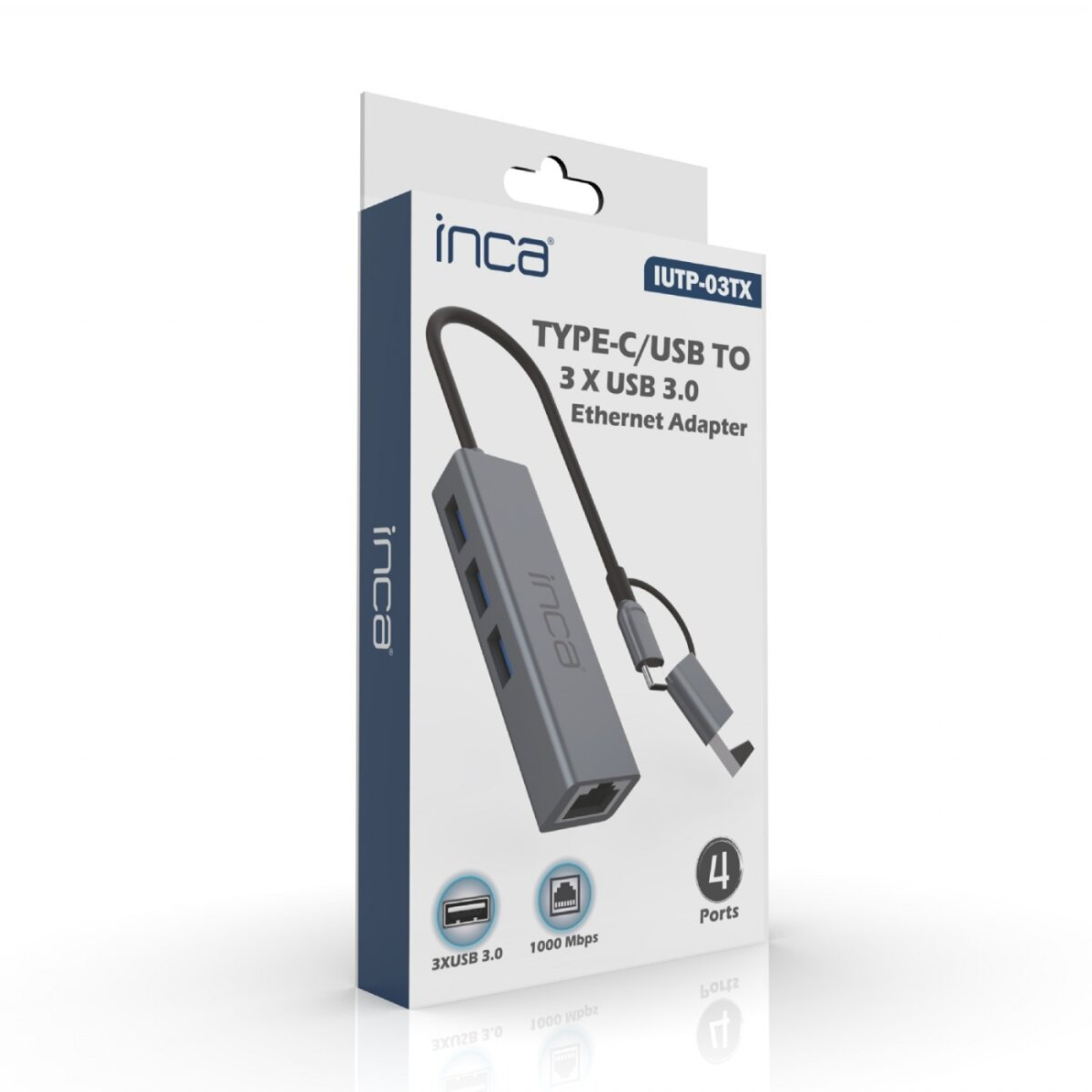 Ein grauer Inca Typ-C-zu-USB-3.0-Ethernet-Adapter mit schwarzem Kabel. Die Box zeigt das Produkt und seine Eigenschaften.