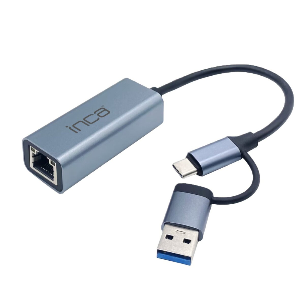 Un adattatore Ethernet Inca grigio con connettore USB-C e USB-A su sfondo bianco.