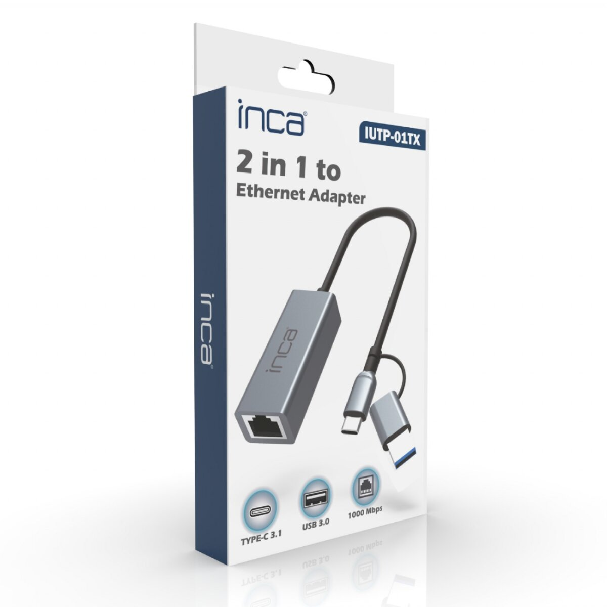 Viene visualizzato un adattatore Ethernet Inca 2 in 1 grigio. La scatola mostra il prodotto, con icone per USB 3.0, Tipo-C 3.1 e 1000 Mbps.